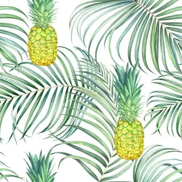 Seamless pattern with pineapples and tropical branches. Watercolor illustrati Stock Illustration