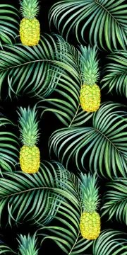 Seamless pattern with pineapples and tropical branches. Watercolor illustrati Stock Illustration