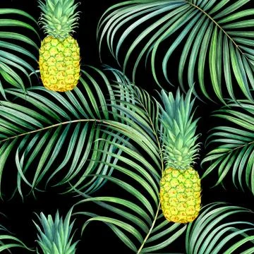 Seamless pattern with pineapples and tropical branches. Watercolor illustrati Stock Illustration