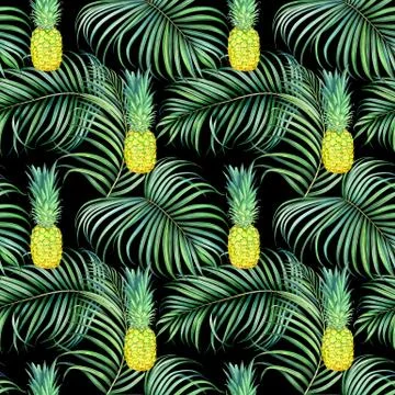 Seamless pattern with pineapples and tropical branches. Watercolor illustrati Stock Illustration