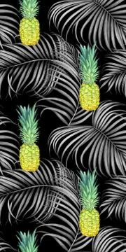 Seamless pattern with pineapples and tropical branches. Watercolor illustrati Stock Illustration