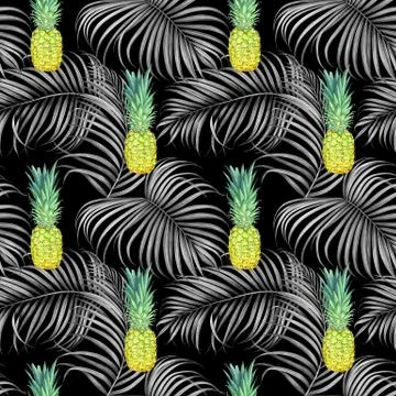 Seamless pattern with pineapples and tropical branches. Watercolor illustrati Stock Illustration