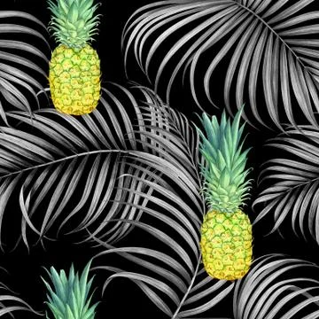 Seamless pattern with pineapples and tropical branches. Watercolor illustrati Stock Illustration