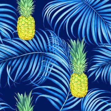 Seamless pattern with pineapples and tropical branches. Watercolor illustrati Stock Illustration