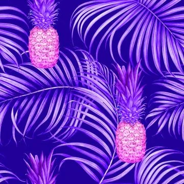 Seamless pattern with pineapples and tropical branches. Watercolor illustrati Stock-Illustration