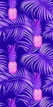 Seamless pattern with pineapples and tropical branches. Watercolor illustrati Stock Illustration