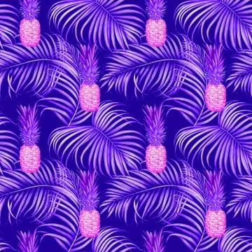 Seamless pattern with pineapples and tropical branches. Watercolor illustrati Stock Illustration
