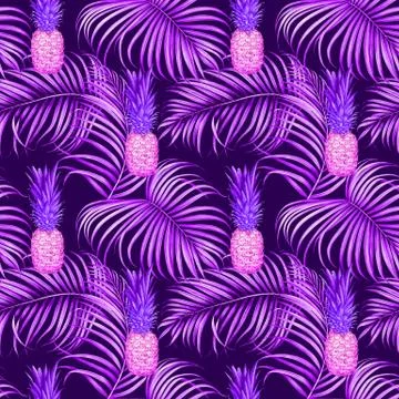 Seamless pattern with pineapples and tropical branches. Watercolor illustrati 스톡 일러스트