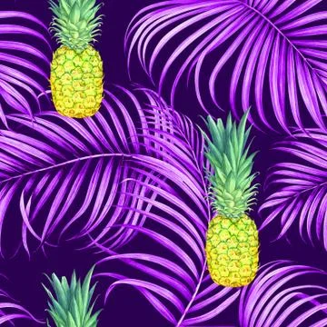 Seamless pattern with pineapples and tropical branches. Watercolor illustrati 스톡 일러스트