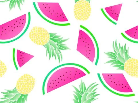 Seamless pattern with pineapples and watermelon on a white background. Summ.. Illustrazione stock