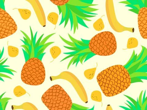 Seamless pattern with pineapples, bananas and pears. Fruit mix tropical sum.. Stock Illustration