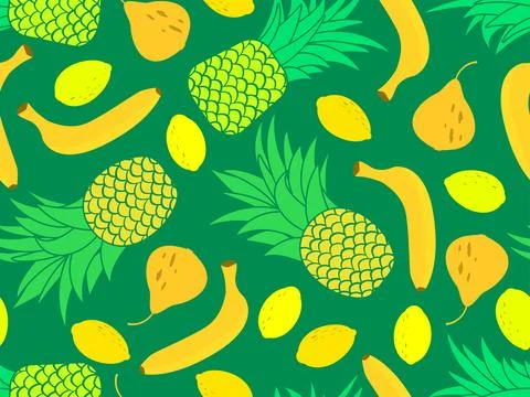Seamless pattern with pineapples, bananas and lemons. Fruit mix tropical su.. Stock Illustration