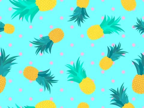 Seamless pattern with pineapples on a blue background. Summer fruit pattern.. 스톡 일러스트