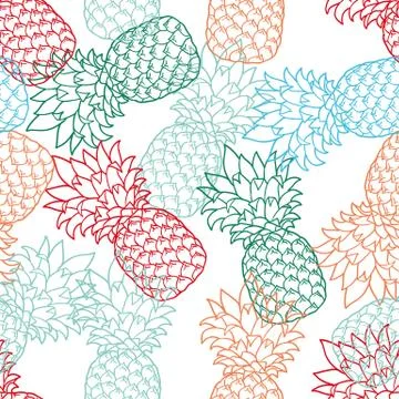 Seamless Pattern with Pineapples color, contour. Pineapple on white backgroun Stock Illustration