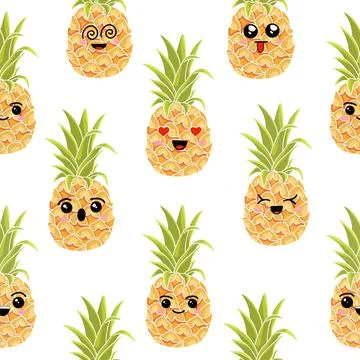 Seamless pattern of pineapples with different emotions. Color illustrations o Stock Illustration