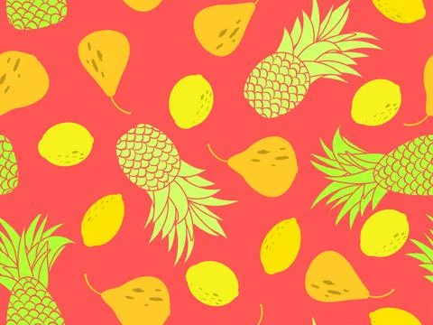 Seamless pattern with pineapples, lemons and pears. Fruit mix tropical summ.. Stock Illustration