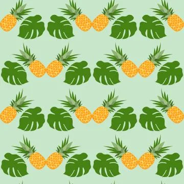 Seamless pattern with pineapples, monstera leaves Stock Illustration