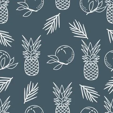 Seamless pattern with pineapples, orange, leaves. Stock Illustration