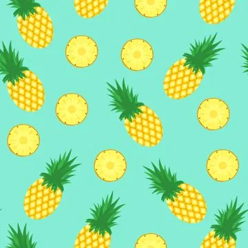 Seamless pattern with pineapples. Pineapple and slices of pineapple on blue b Stock Illustration
