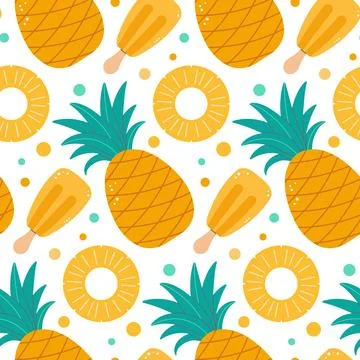 Seamless pattern with pineapples, pineapple slices, ice cream, and colorful dots イラスト素材
