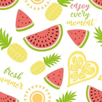 Seamless pattern with pineapples watermelon Bright summer fruits illustration Stock Illustration
