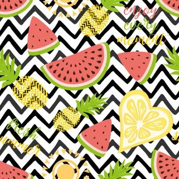 Seamless pattern with pineapples watermelon Bright summer fruits i background Stock Illustration