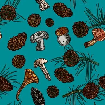 Seamless pattern with with pinecones and mushrooms. Stock Illustration