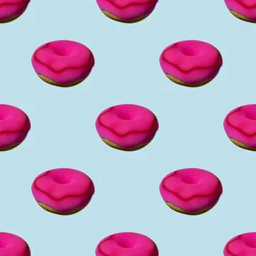 Seamless pattern: Pink 3D donut on a blue background is a realistic sweet 스톡 일러스트