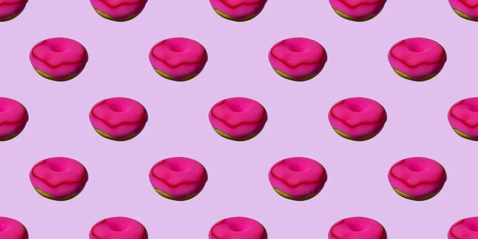 Seamless pattern: Pink 3D donut on a purple background is a realistic sweet Stock Illustration