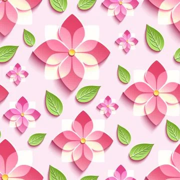 Seamless pattern with pink 3d sakura and green leaves Stock Illustration