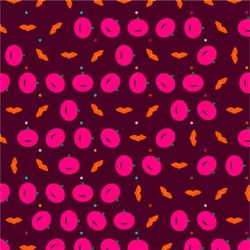 Seamless pattern with pink abstract shapes and orange lips on dark purple b.. Иллюстрация
