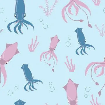 Seamless pattern with pink and blue squid Stock Illustration