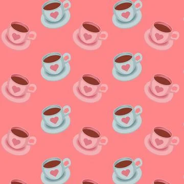 Seamless pattern with pink and blue coffee cups on a red background. Vector イラスト素材
