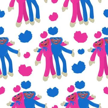 Seamless pattern pink and blue plush toys. Hearts Stock Illustration