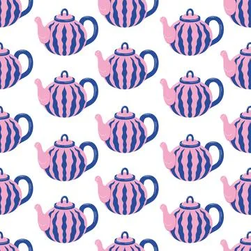 Seamless pattern of pink and blue teapots with wavy stripe design on a white Stock Illustration