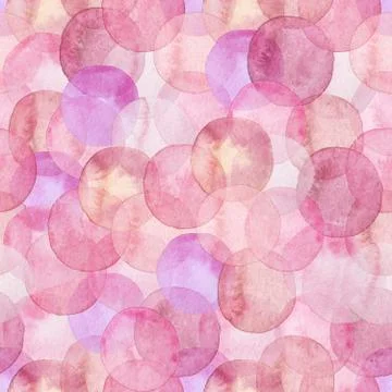 Seamless pattern of pink and blush translucent watercolor circles. Hand painted Stock Illustration