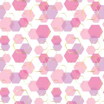 Seamless pattern with pink and gold polygon shapes on white background Stock Illustration