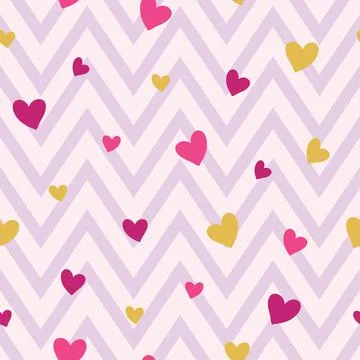 Seamless pattern with pink and gold hearts on pink chevron background Stock Illustration