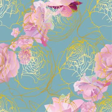 Seamless pattern with pink and golden roses direction on diagonal on light gr Stock Illustration