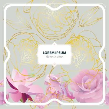 Seamless pattern with pink and golden roses on light gray background. Tropica Stock Illustration