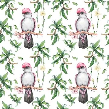 Seamless pattern pink and grey cockatoo parrot and floral exotic illustration Stock Illustration