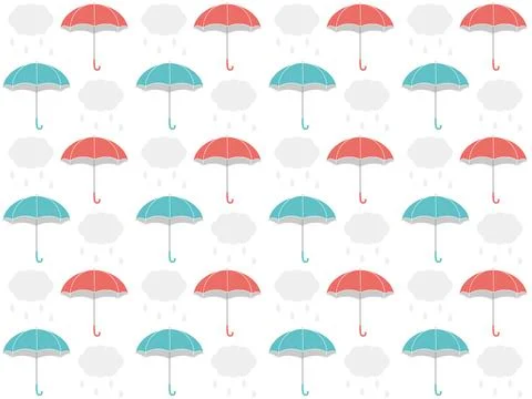 Seamless pattern of pink and light blue umbrellas and rain. Stock Illustration