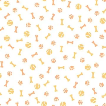 Seamless pattern with pink and orange paws, bones and balls Stock Illustration