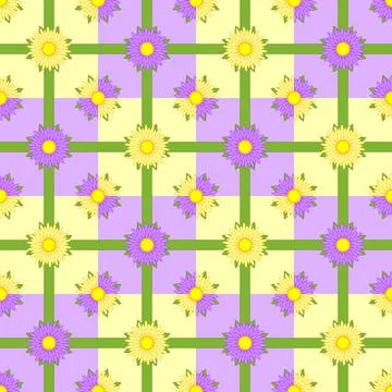 Seamless pattern of pink and purple flowers with green ribbons on a colored b Stock Illustration