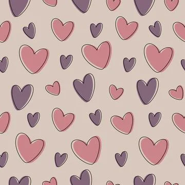 Seamless pattern with pink and purple hearts on an almond color background Stock Illustration