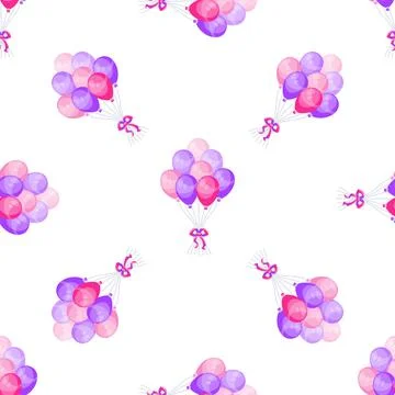Seamless pattern with pink and purple balloons tied with ribbons floating on Stock Illustration