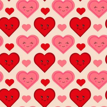 Seamless pattern with pink and red hearts different emotions and design Stock Illustration