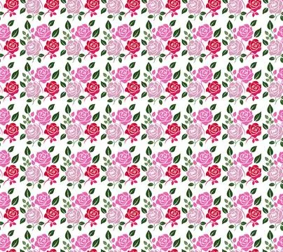 Seamless Pattern with Pink and Red Roses and Green Leaves on White Background Stock Illustration