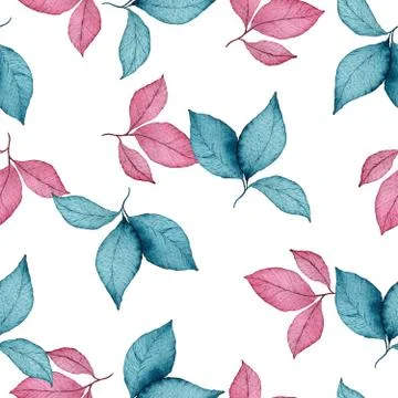 Seamless pattern with pink and teal blue leaves, leaf textile design Stock Illustration