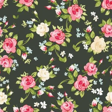 Seamless pattern with pink and white roses on black background, vector イラスト素材